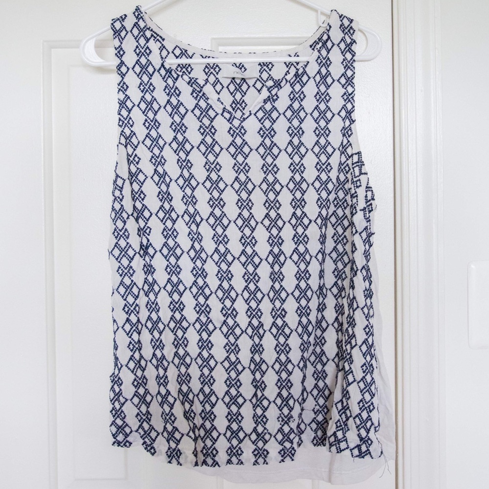 Next white tank top with navy diamond pattern
